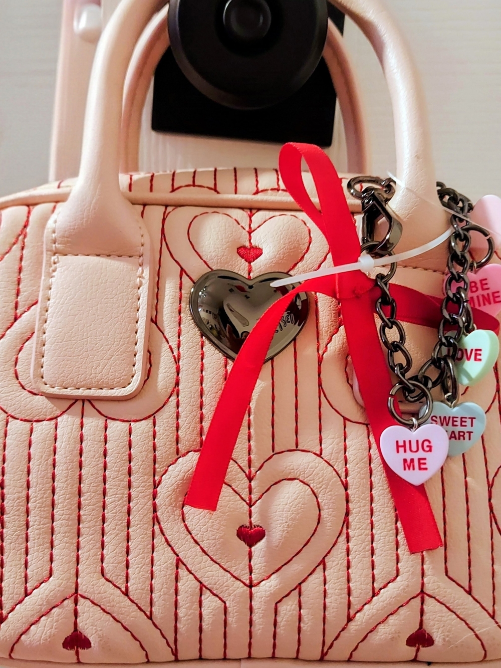 Luv By Betsey JohnsPale Pink  Quilted Heart Accent Satchel with Charms